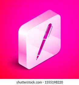 Isometric Pen icon isolated on pink background. Silver square button. Vector Illustration