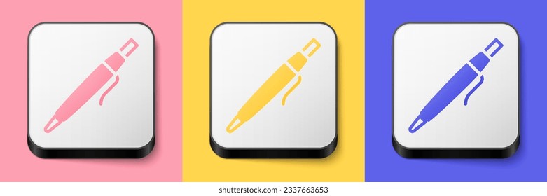 Icono de la pluma isométrica aislado en fondo rosa, amarillo y azul. Botón cuadrado. Vector