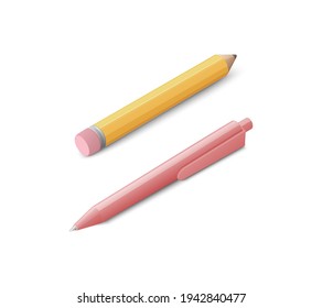 Lápiz isométrico y juego de lápiz. Ilustración vectorial coloreada. Aislado sobre fondo blanco.