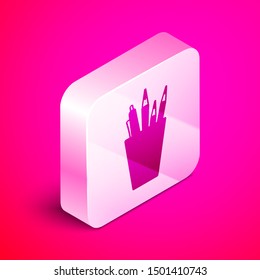 Isometric Pencil case stationery icon isolated on pink background. Pencil, pen, ruler in a glass for office. Silver square button. Vector Illustration