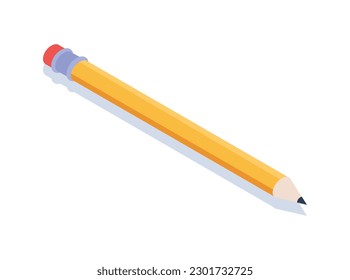 Concepto de lápiz isométrico. Suministros de arte y creatividad, educación y capacitación. Papel de oficina. Afiche o cartel para el sitio web. Ilustración vectorial 3D de dibujos animados aislada en fondo blanco