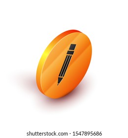 Isometric Pencil with eraser icon isolated on white background. Drawing and educational tools. School office symbol. Orange circle button. Vector Illustration