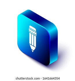 Isometric Pencil with eraser icon isolated on white background. Drawing and educational tools. School office symbol. Blue square button. Vector Illustration