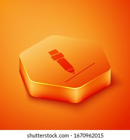Isometric Pencil with eraser icon isolated on orange background. Drawing and educational tools. School office symbol. Orange hexagon button. Vector Illustration