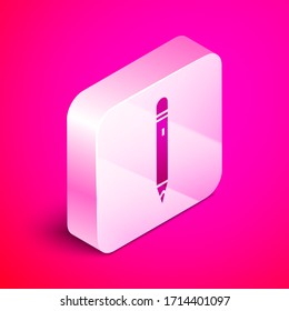 Isometric Pencil with eraser icon isolated on pink background. Drawing and educational tools. School office symbol. Silver square button. Vector Illustration