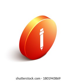 Isometric Pencil with eraser icon isolated on white background. Drawing and educational tools. School office symbol. Orange circle button. Vector Illustration