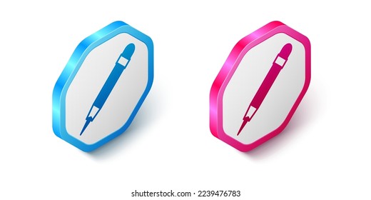 Isometric Pencil with eraser icon isolated on white background. Drawing and educational tools. School office symbol. Hexagon button. Vector