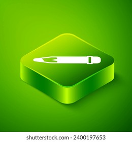 Isometric Pencil with eraser icon isolated on green background. Drawing and educational tools. School office symbol. Green square button. Vector