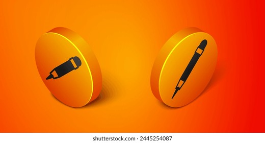Isometric Pencil with eraser icon isolated on orange background. Drawing and educational tools. School office symbol. Orange circle button. Vector