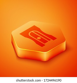 Isometric Pencil sharpener icon isolated on orange background. Orange hexagon button. Vector Illustration
