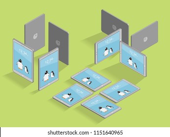 Isometric Penguin Tablet Various Views Vector