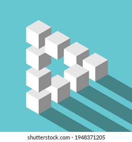 Isometric Penrose triangle on turquoise blue. Confusion, impossibility, optical illusion and infinity concept. Flat design. EPS 8 vector illustration, no transparency, no gradients