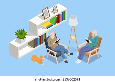 Pensionistas de casa leyendo libros, sentados en sillones. Hombre mayor en el libro de lectura de anteojos