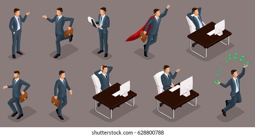 Isometric people, 3d entrepreneurs, different concept scenes, emotions and gestures businessman, superman, management and production isolated dark background.