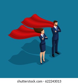 Isometric People, 3d Superman Business, Business Under Protection, Businessman And Business Woman With Cloaks Isolated On Blue Background.