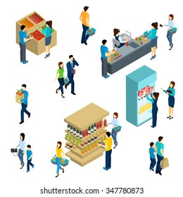 Isometric People Adults And Kids In Grocery Shop Isolated Vector Illustration