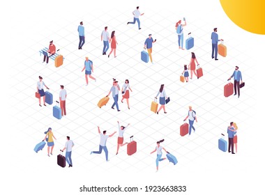 Isometric people in airport vector set. Trip and vacation. Crowd of people with luggage isolated on white background