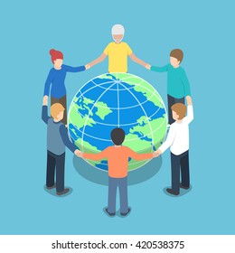 Isometric people around the world holding hands, teamwork, global business, unity concept, VECTOR, EPS10