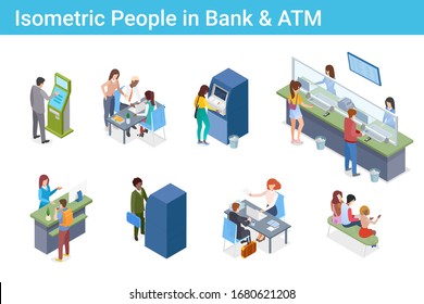 Isometric People in Bank ATM Cash-desk Pay Terminal flat vector illustration
