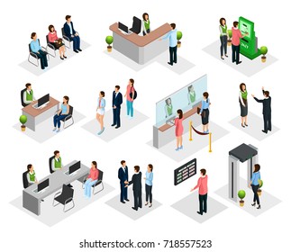 Isometric People In Bank Collection With Staff And Customers In Different Situations Isolated Vector Illustration