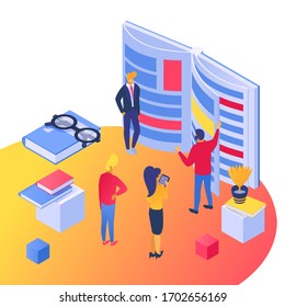 Isometric people in book library vector illustration. Cartoon tiny 3d student characters study, read together, librarian works in public book archive. Education technology concept isolated on white