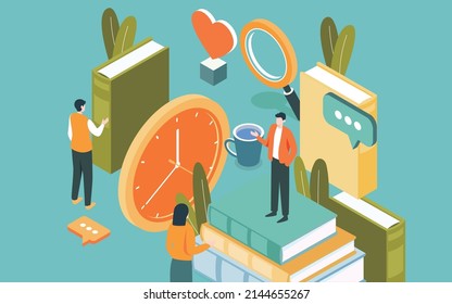 Isometric people and books, world book day, vector illustration