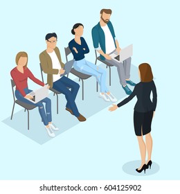Isometric people, briefing, instruction, education, business training. Working in the office vector people different characters, styles and professions, full length diverse acting poses collection.