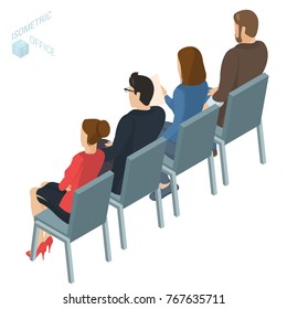 Isometric people, briefing, instruction, education, business training. Working in the office vector people different characters, styles and professions, full length diverse acting poses collection.