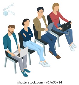 Isometric people, briefing, instruction, education, business training. Working in the office vector people different characters, styles and professions, full length diverse acting poses collection.