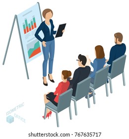 Isometric people, briefing, instruction, education, business training. Working in the office vector people different characters, styles and professions, full length diverse acting poses collection.