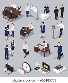 Isometric people business collection with isolated conceptual images of human characters with office machines and equipment vector illustration