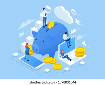 Isometric people and Business concept for Investment. Investment and virtual finance. Commerce solutions for investments, analysis concept.