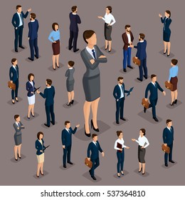 Isometric people, businessmen 3D business woman. Set 2 Office staff, the crowd of people, under the head on a dark background.