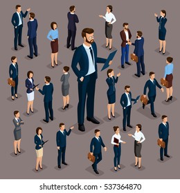 Isometric people, businessmen 3D business woman. Set 6 Office staff, the crowd of people, under the head on a dark background.