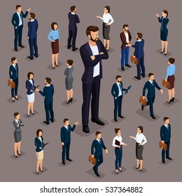 Isometric people, businessmen 3D business woman. Set 4 Office staff, the crowd of people, under the head on a dark background.