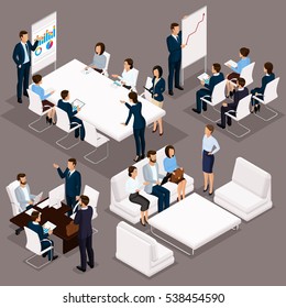 Isometric people, businessmen 3D business woman. Discussion, negotiation concept work, brainstorming. Working in the office, office workers on a dark background.