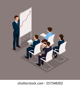 Isometric people, businessmen 3D business woman. Education Group office employees, business training, business stategii. Employees on a dark background.