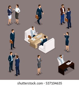 Isometric People Isometric Businessmen, Businessman And Business Woman, Men In Business Suits In The Process. Office Furniture, Laptop, Computer, Desk And Chair. Business Meeting.