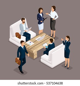 Isometric People Isometric businessmen, businessman and business woman, men in business suits in the process. Office furniture, laptop, computer, desk and chair. Business meeting to discuss ideas