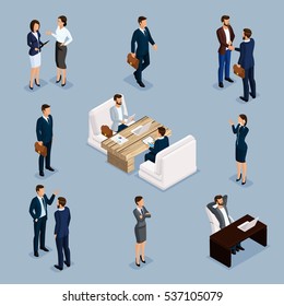 Isometric People Isometric businessmen, businessman and business woman, men in business suits in the process. Office furniture, computer, desk and chair. Business meeting a gray background, isolated.