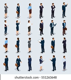 Isometric People Isometric businessmen, businessman and business woman, people in business suits during work, front view rear view isolated on a light background. Vector illustration