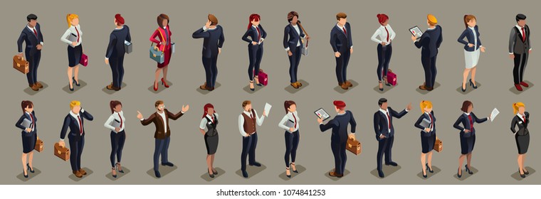 Isometric people businessmen and businesswoman in dark suit. Financial executive person, worker or boss. Business images on conceptual background.