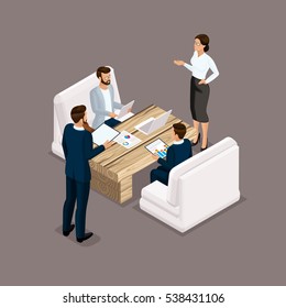 Isometric people isometric businessmen, negotiation, investment, graphic, business meeting. Business men and women negotiate. Vector illustration.