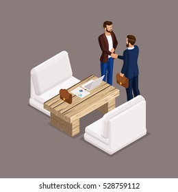 Isometric People Businessmen, Negotiations, Business Meeting, Shaking Hands, The Negotiating Table. Laptop, Documents, Graphics,