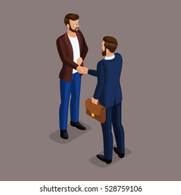 Isometric People Businessmen Shaking Hands In A Business Suit, Make A Deal. Meeting On A Dark Background. Vector Illustration.