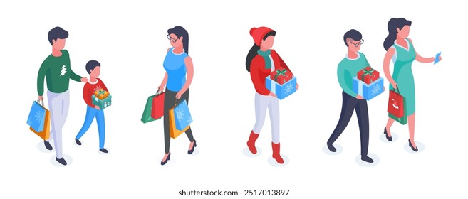 Isometric people carrying gifts. Christmas characters with gift boxes and bags, winter holidays preparation 3d vector illustration. Christmas characters on white