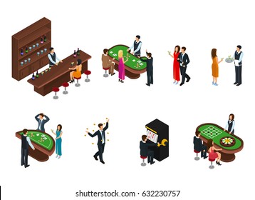 Isometric people in casino set with bartender waiter croupier and visitors playing in different games isolated vector illustration