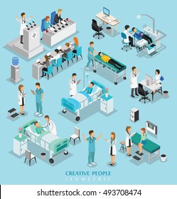 Isometric People Character On Hospital Include Doctor, Nurse, Man And Woman
