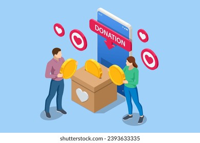 Isometric people characters donate money for charity online. Payment of kindness is accepted here. Donate to join our community of compassionate individuals making a difference