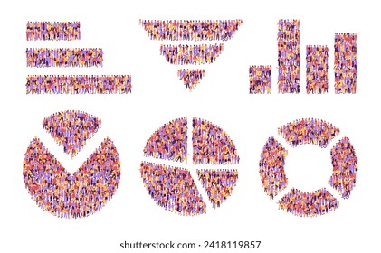 Isometric people chart. Bar and line graphs, pie charts for demographic, customer or community infographic visualization vector illustration set of graph infochart document